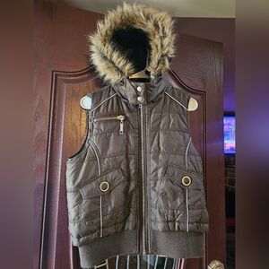 Mossimo Supply Co. Dark Brown Vest with Faux Fur Hood